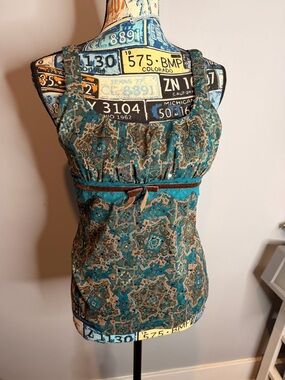 Y2K Women's Teal Floral Print Tank Top with Brown Trim